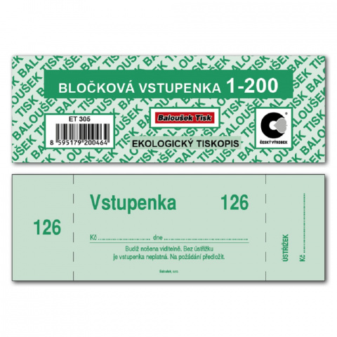 Bločková vstupenka 1-200 čísel,1 blok ET305